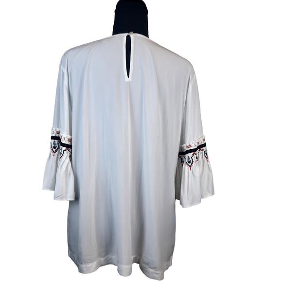 LOFT VISCOSE WOMEN'S L TOP WHITE EMBROIDERY 3/4 BELL SLEEVE PHEASANT BOHO - Picture 5 of 12